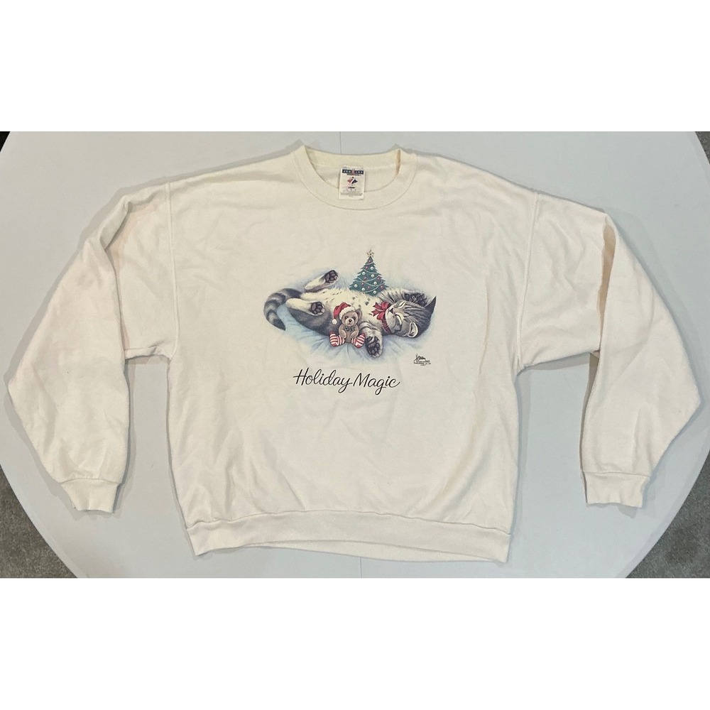 VTG Y2K Cat Kitten Granny Christmas‎ Sweatshirt Crewneck White Holiday Magic L
